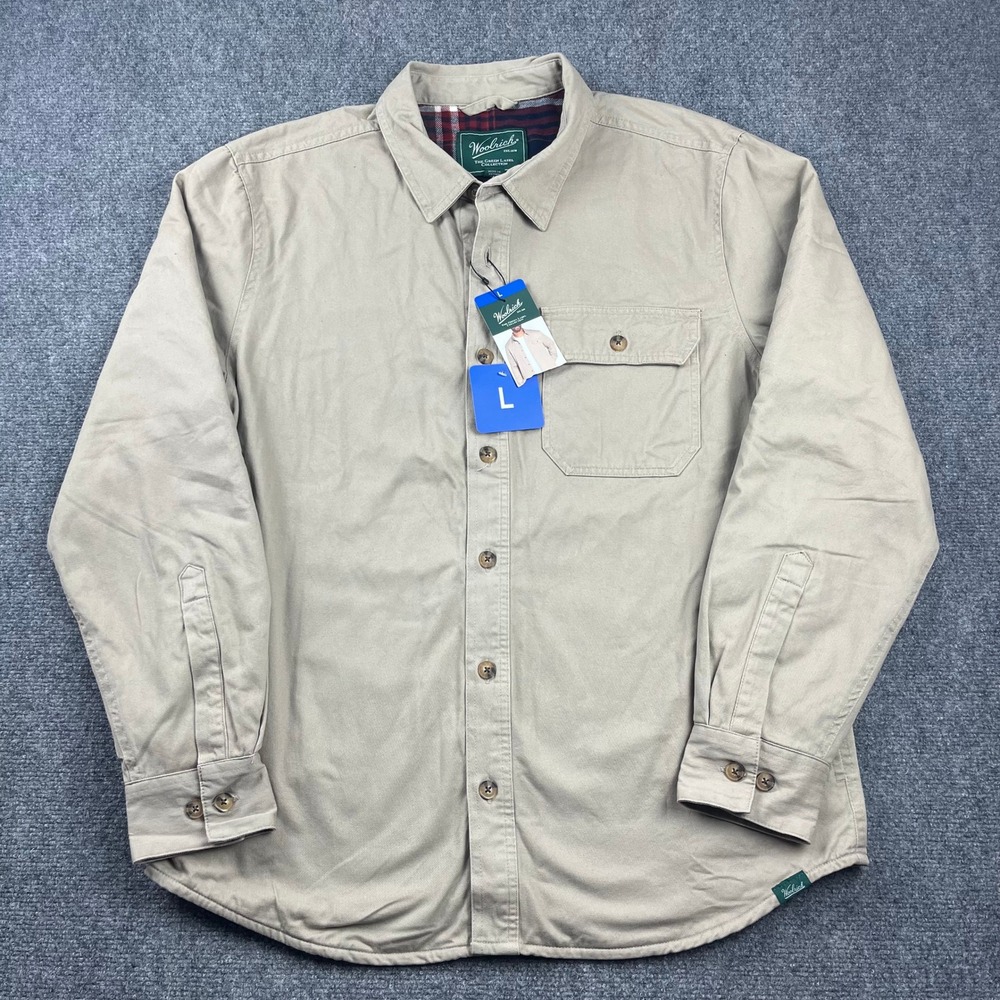 NWT Woolrich Mens Green Label Flannel Lined Shirt Jacket Tan Khaki Large